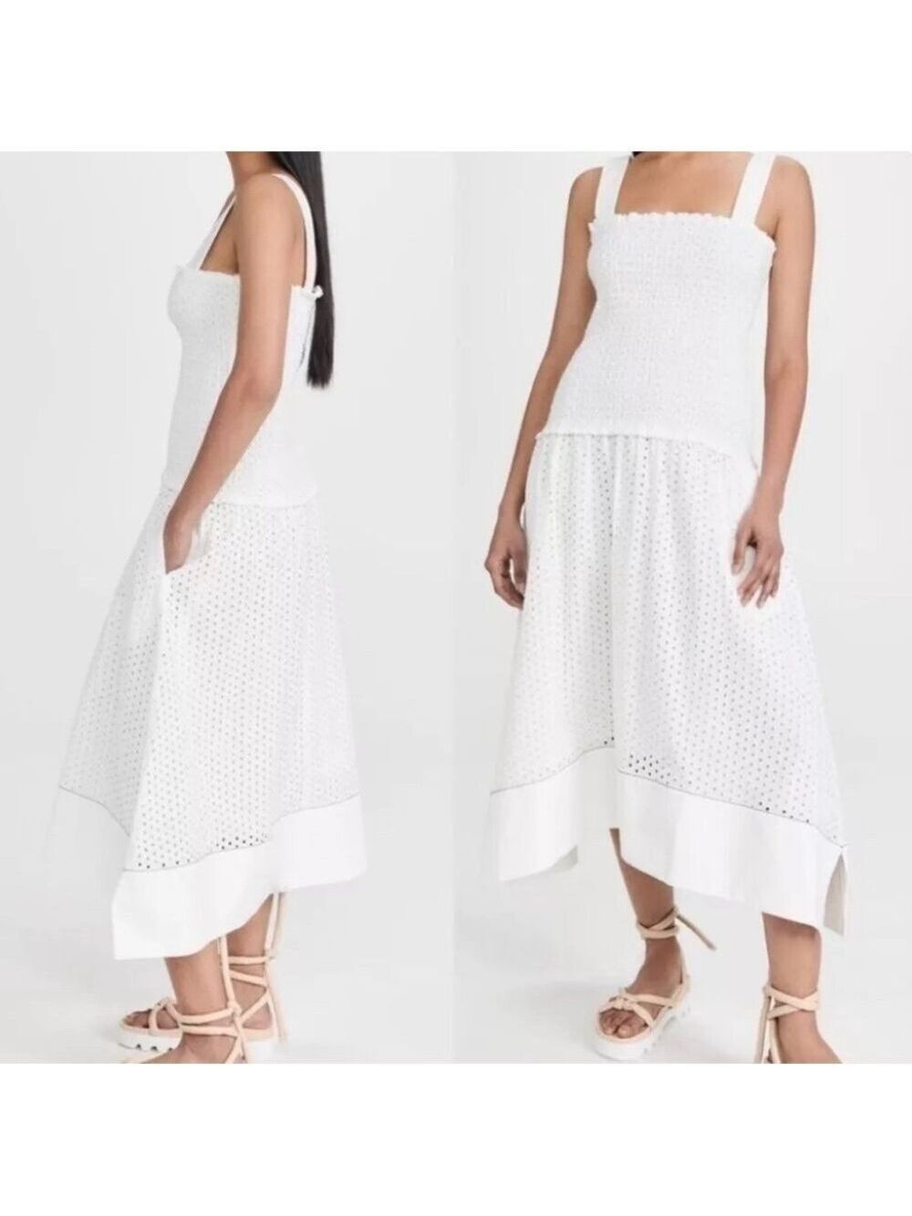 Proenza Schouler White Label Broderie Anglaise Smocked Drop Waist Dress Size 8